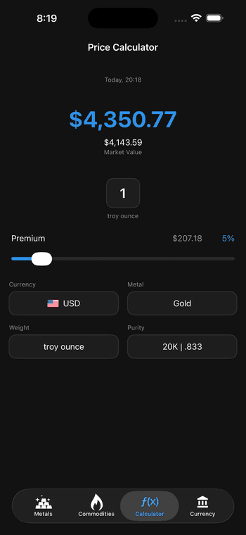 Price calculator with premium and purity options